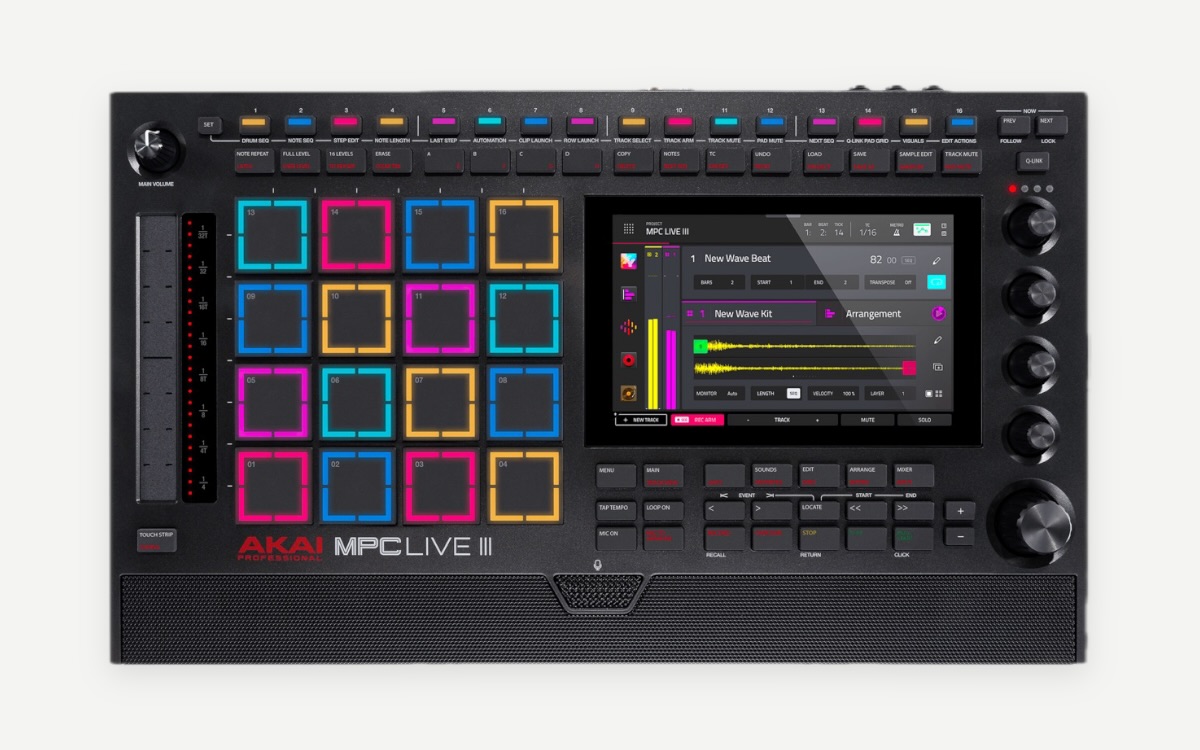 Akai MPC Live III seen from above: 16 RGB pads, step buttons and 7-inch touchscreen