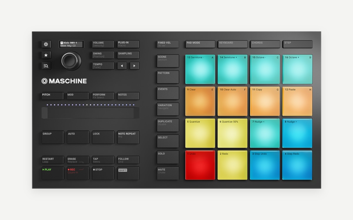 Native Instruments Maschine Mikro MK3 seen from above with its 16 lit pads